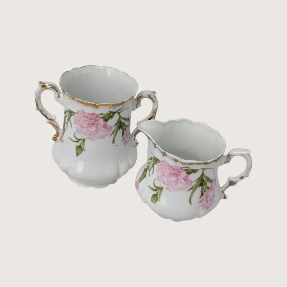 1910s Royal Bavarian PM Porcelain Creamer Sugar Bowl Pink Floral Set